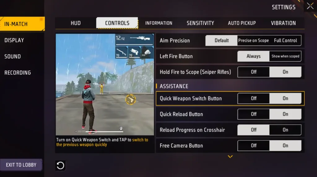 free fire quick weapon switch setting
