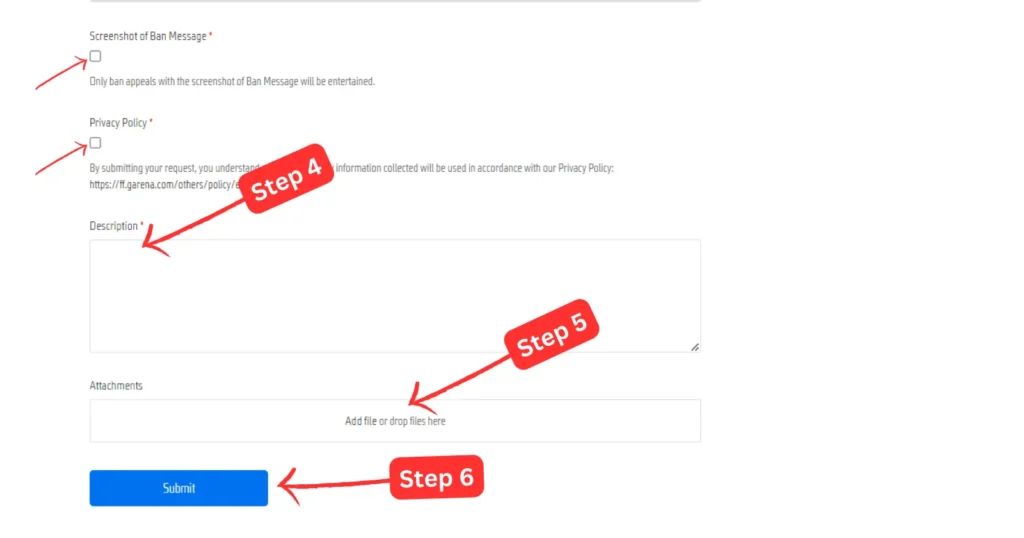 free fire id unban form website step 4